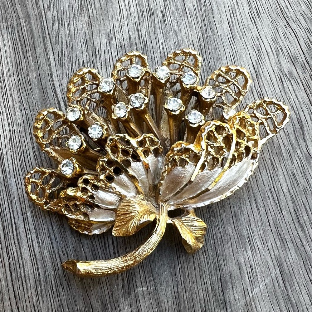 Vintage BSK Mid Century 1950s Gold Rhinestone Floral Pin Brooch